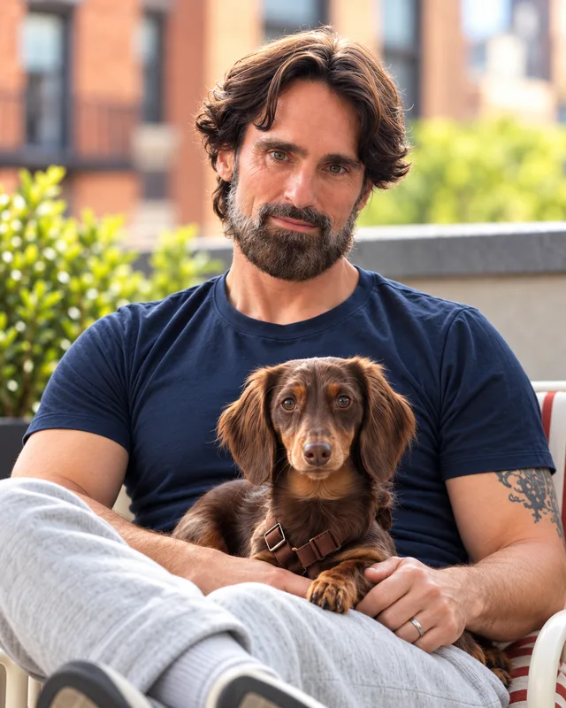 Jeff Sumner relaxing on a rooftop with his dachshund